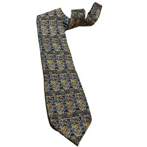 DANI MODA MASCHILE HAND MADE SILK FLORAL PRINT TIE BLUE GOLD
